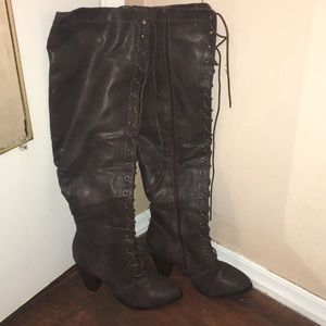 Thigh high lace heel boots